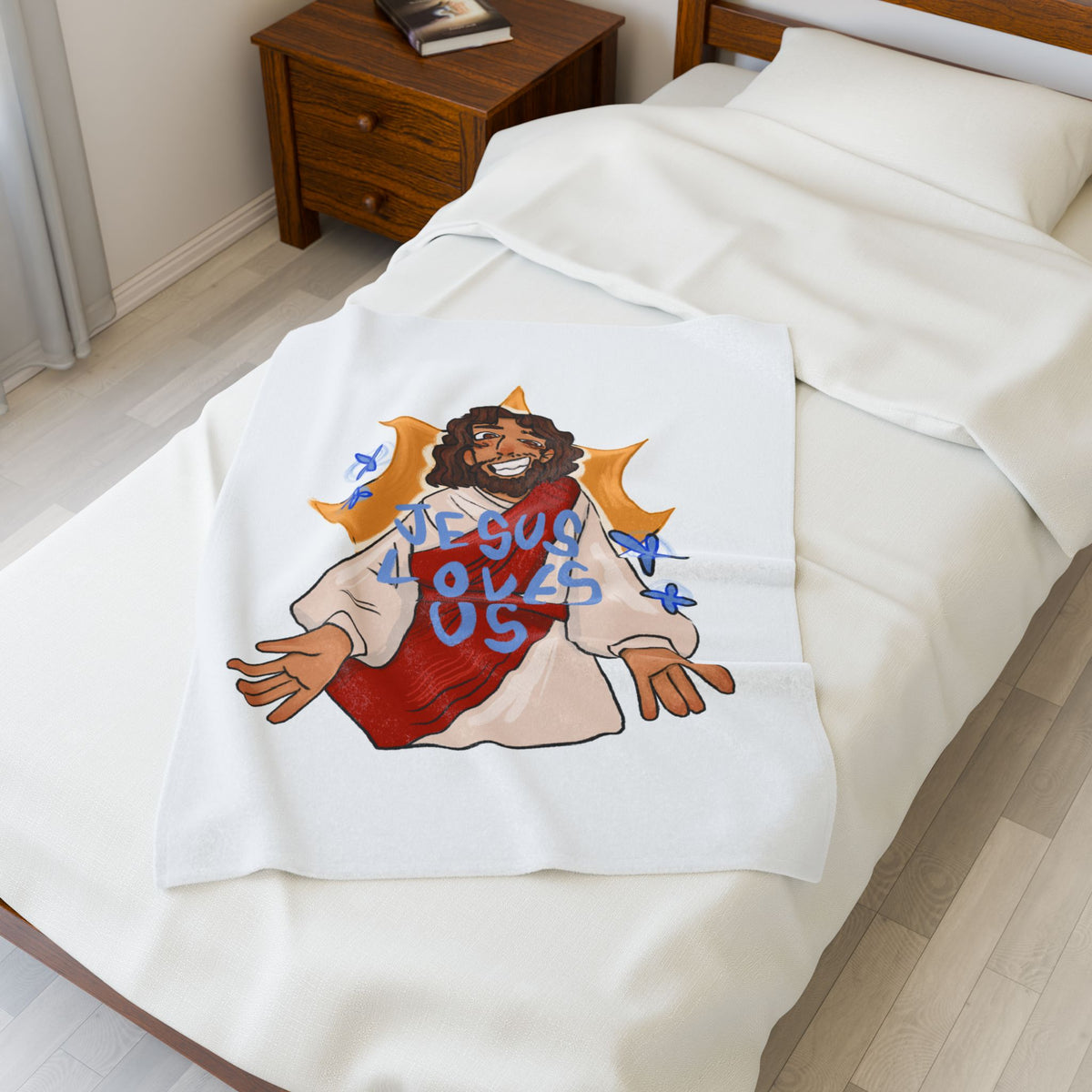 Jesus Loves Us Velveteen Plush Blanket